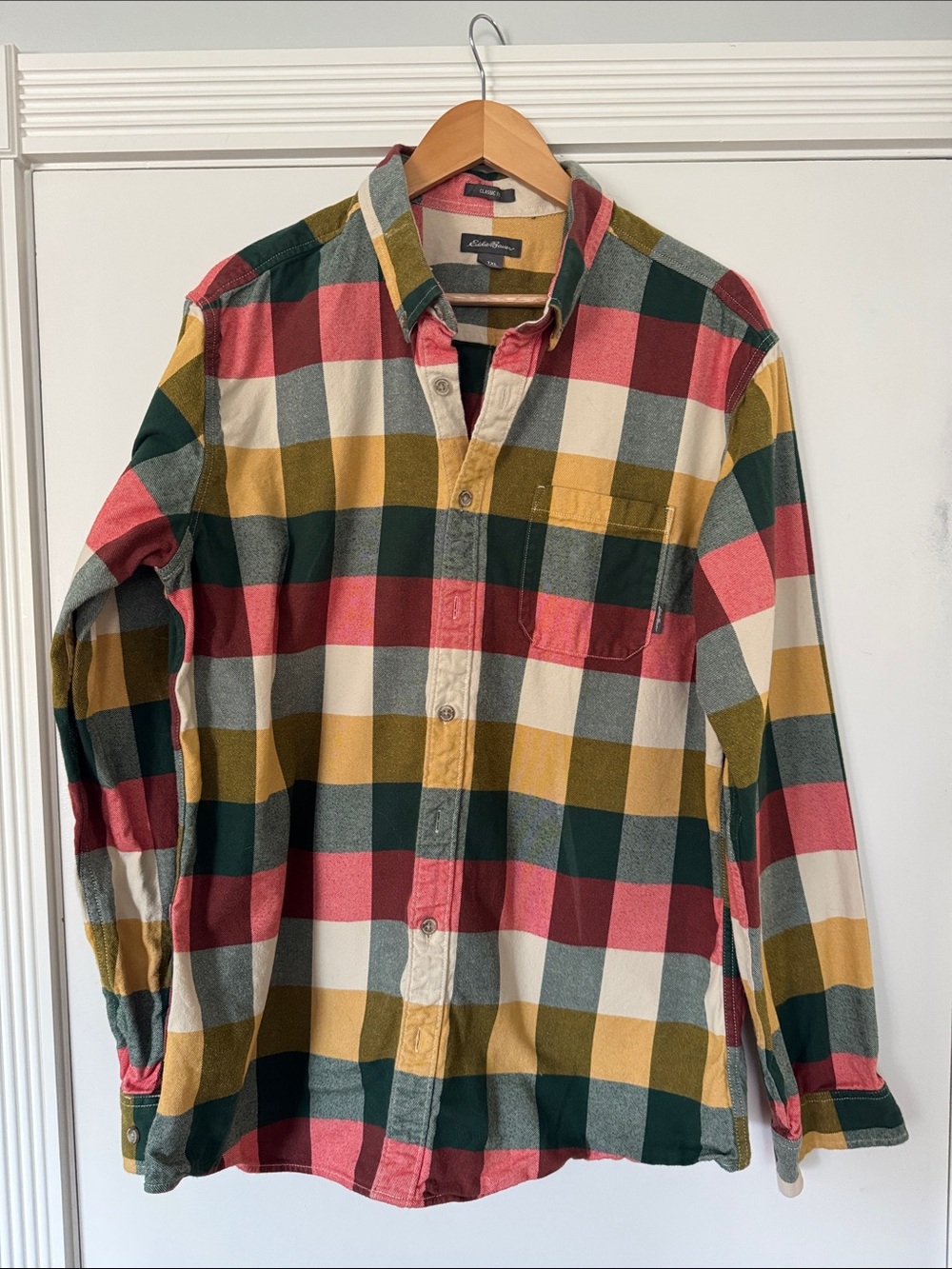 Eddie Bauer Men’s Plaid Button-Down Shirt - Red, Mustard, Green, Cream